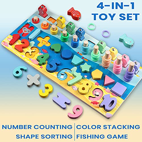 Zahlen- und Formensortierspiel. 4-in-1-Lernspiel mit Zählen, Farben stapeln, Formen sortieren und einem Angelspiel. Lustiges Lernspielzeug in leuchtenden Farben für Vorschulkinder.