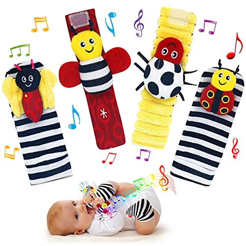 Adalex Global Baby Fußfinder-Rassel für Babys – Sensorisches Babyspielzeug, Socken, Babyrassel, Geschenk für Kleinkinder, Neugeborene, Mädchen, Jungen, Jungen, Mädchen, 0–3, 3–6, 6–9, 9–12 Monate, Spielzeug, 2 Handgelenke &amp; 2 Socken