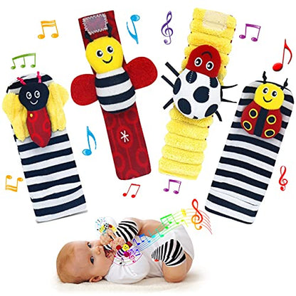 Adalex Global Baby Fußfinder-Rassel für Babys – Sensorisches Babyspielzeug, Socken, Babyrassel, Geschenk für Kleinkinder, Neugeborene, Mädchen, Jungen, Jungen, Mädchen, 0–3, 3–6, 6–9, 9–12 Monate, Spielzeug, 2 Handgelenke &amp; 2 Socken