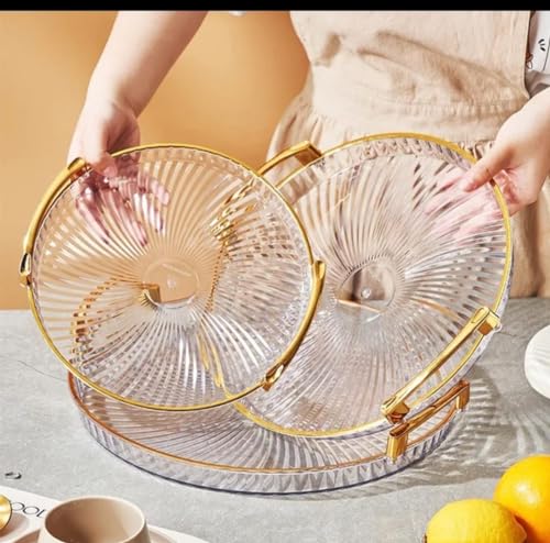 3-in-1-Servier-/Dekorationstablett aus Acryl mit goldenem Griff, geeignet für Obst, Desserts, Getränke, Kaffee und Tee. Transparentes, robustes und formschönes Tablett für Küche, Haushalt, Hotel und Bar.