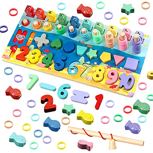 Zahlen- und Formensortierspiel. 4-in-1-Lernspiel mit Zählen, Farben stapeln, Formen sortieren und einem Angelspiel. Lustiges Lernspielzeug in leuchtenden Farben für Vorschulkinder.