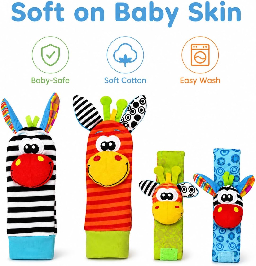 Adalex Global Baby Fußfinder-Rassel für Babys – Sensorisches Babyspielzeug, Socken, Babyrassel, Geschenk für Kleinkinder, Neugeborene, Mädchen, Jungen, Jungen, Mädchen, 0–3, 3–6, 6–9, 9–12 Monate, Spielzeug, 2 Handgelenke &amp; 2 Socken