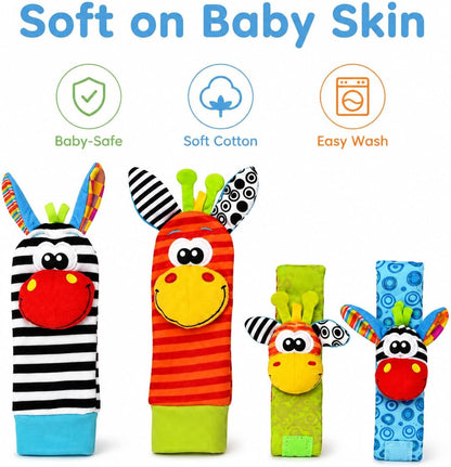 Adalex Global Baby Fußfinder-Rassel für Babys – Sensorisches Babyspielzeug, Socken, Babyrassel, Geschenk für Kleinkinder, Neugeborene, Mädchen, Jungen, Jungen, Mädchen, 0–3, 3–6, 6–9, 9–12 Monate, Spielzeug, 2 Handgelenke &amp; 2 Socken