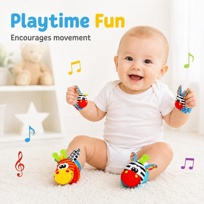 Adalex Global Baby Fußfinder-Rassel für Babys – Sensorisches Babyspielzeug, Socken, Babyrassel, Geschenk für Kleinkinder, Neugeborene, Mädchen, Jungen, Jungen, Mädchen, 0–3, 3–6, 6–9, 9–12 Monate, Spielzeug, 2 Handgelenke &amp; 2 Socken
