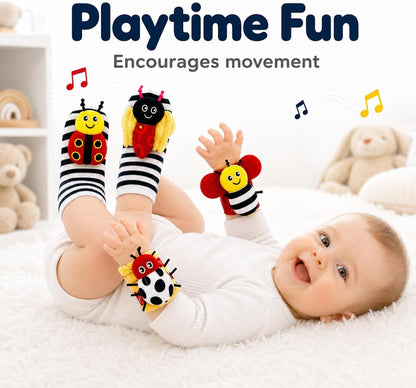 Adalex Global Baby Fußfinder-Rassel für Babys – Sensorisches Babyspielzeug, Socken, Babyrassel, Geschenk für Kleinkinder, Neugeborene, Mädchen, Jungen, Jungen, Mädchen, 0–3, 3–6, 6–9, 9–12 Monate, Spielzeug, 2 Handgelenke &amp; 2 Socken