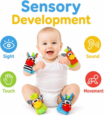 Adalex Global Baby Fußfinder-Rassel für Babys – Sensorisches Babyspielzeug, Socken, Babyrassel, Geschenk für Kleinkinder, Neugeborene, Mädchen, Jungen, Jungen, Mädchen, 0–3, 3–6, 6–9, 9–12 Monate, Spielzeug, 2 Handgelenke &amp; 2 Socken