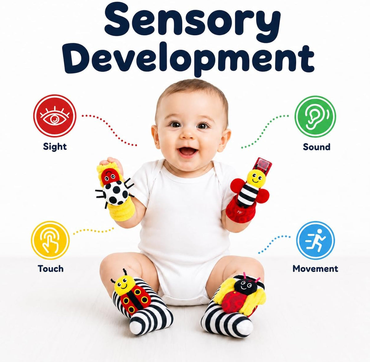 Adalex Global Baby Fußfinder-Rassel für Babys – Sensorisches Babyspielzeug, Socken, Babyrassel, Geschenk für Kleinkinder, Neugeborene, Mädchen, Jungen, Jungen, Mädchen, 0–3, 3–6, 6–9, 9–12 Monate, Spielzeug, 2 Handgelenke &amp; 2 Socken