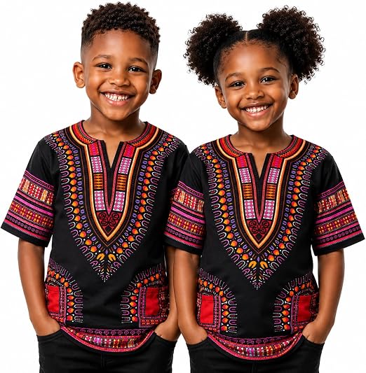 Dashiki African Kids Shirt Traditional Design, Authentic Clothes for Children Ethnic Patterns and African Print Boy Girl