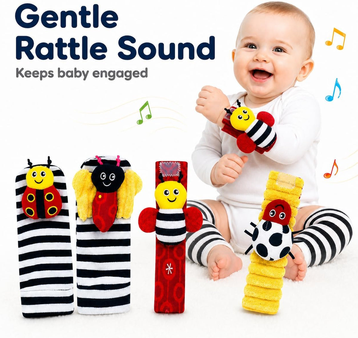 Adalex Global Baby Fußfinder-Rassel für Babys – Sensorisches Babyspielzeug, Socken, Babyrassel, Geschenk für Kleinkinder, Neugeborene, Mädchen, Jungen, Jungen, Mädchen, 0–3, 3–6, 6–9, 9–12 Monate, Spielzeug, 2 Handgelenke &amp; 2 Socken