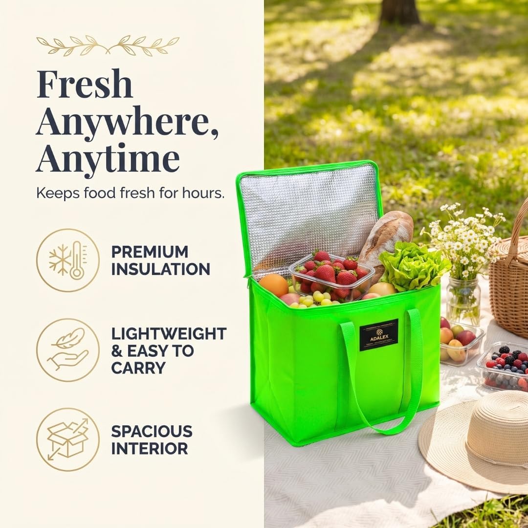 Sac isotherme réutilisable Adalex Global pour courses, cabas avec fermeture éclair pour le transport d'aliments chauds et froids, sac isotherme pour pique-nique et vin, tient debout