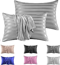 Silk Pillowcase Stripe Satin Pillowcase 2 Pack - Luxurious Satin Pillow Cases 50 x 75 cm for Hair and Skin Care, Envelop Enclosure Pillowcases Set (Silver Grey 2 Pcs)