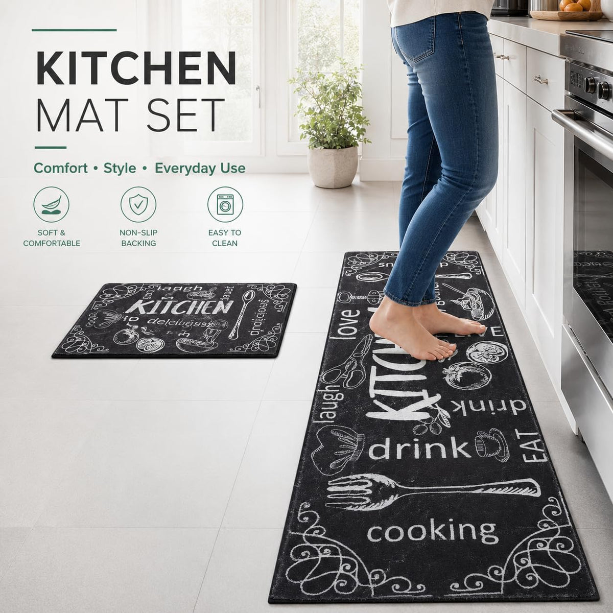 Adalex Global Küchenteppich-Set (40 x 60 cm und 40 x 120 cm), rutschfest, waschbar, große rutschfeste Küchenläufer, Fußmatten für den Innenbereich, Küchenteppiche, Teppichläufer