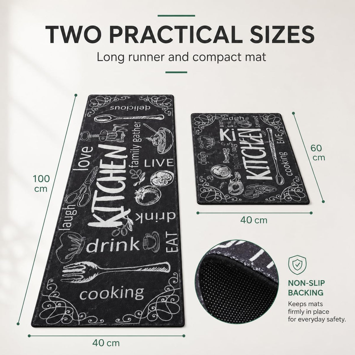 Adalex Global Küchenteppich-Set (40 x 60 cm und 40 x 120 cm), rutschfest, waschbar, große rutschfeste Küchenläufer, Fußmatten für den Innenbereich, Küchenteppiche, Teppichläufer