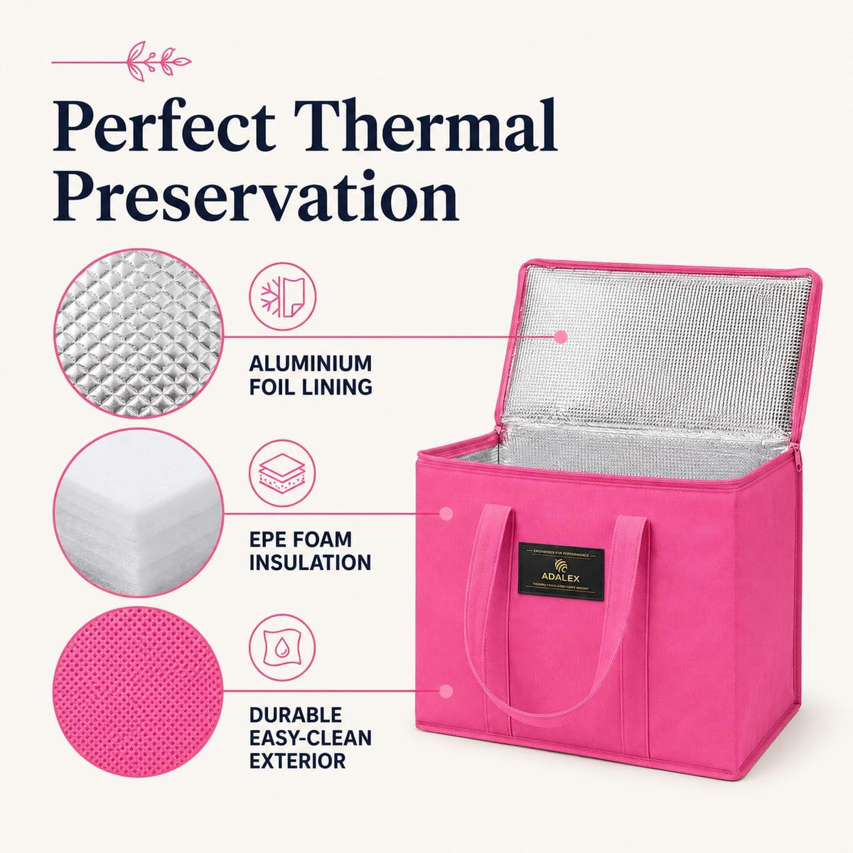 Sac isotherme réutilisable Adalex Global pour courses, cabas avec fermeture éclair pour le transport d'aliments chauds et froids, sac isotherme pour pique-nique et vin, tient debout