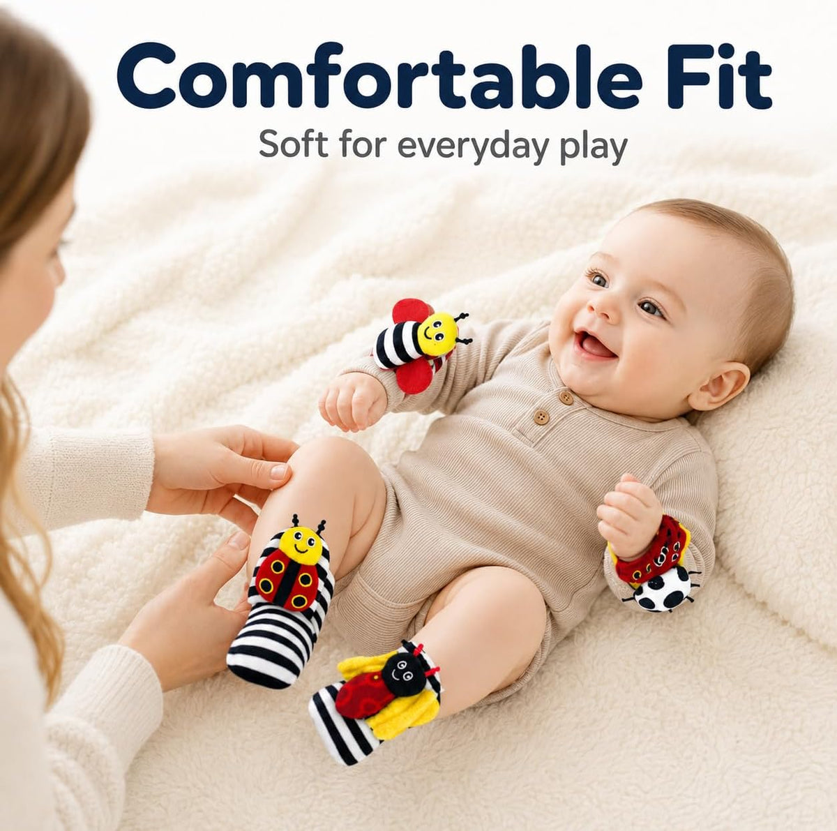 Adalex Global Baby Fußfinder-Rassel für Babys – Sensorisches Babyspielzeug, Socken, Babyrassel, Geschenk für Kleinkinder, Neugeborene, Mädchen, Jungen, Jungen, Mädchen, 0–3, 3–6, 6–9, 9–12 Monate, Spielzeug, 2 Handgelenke &amp; 2 Socken