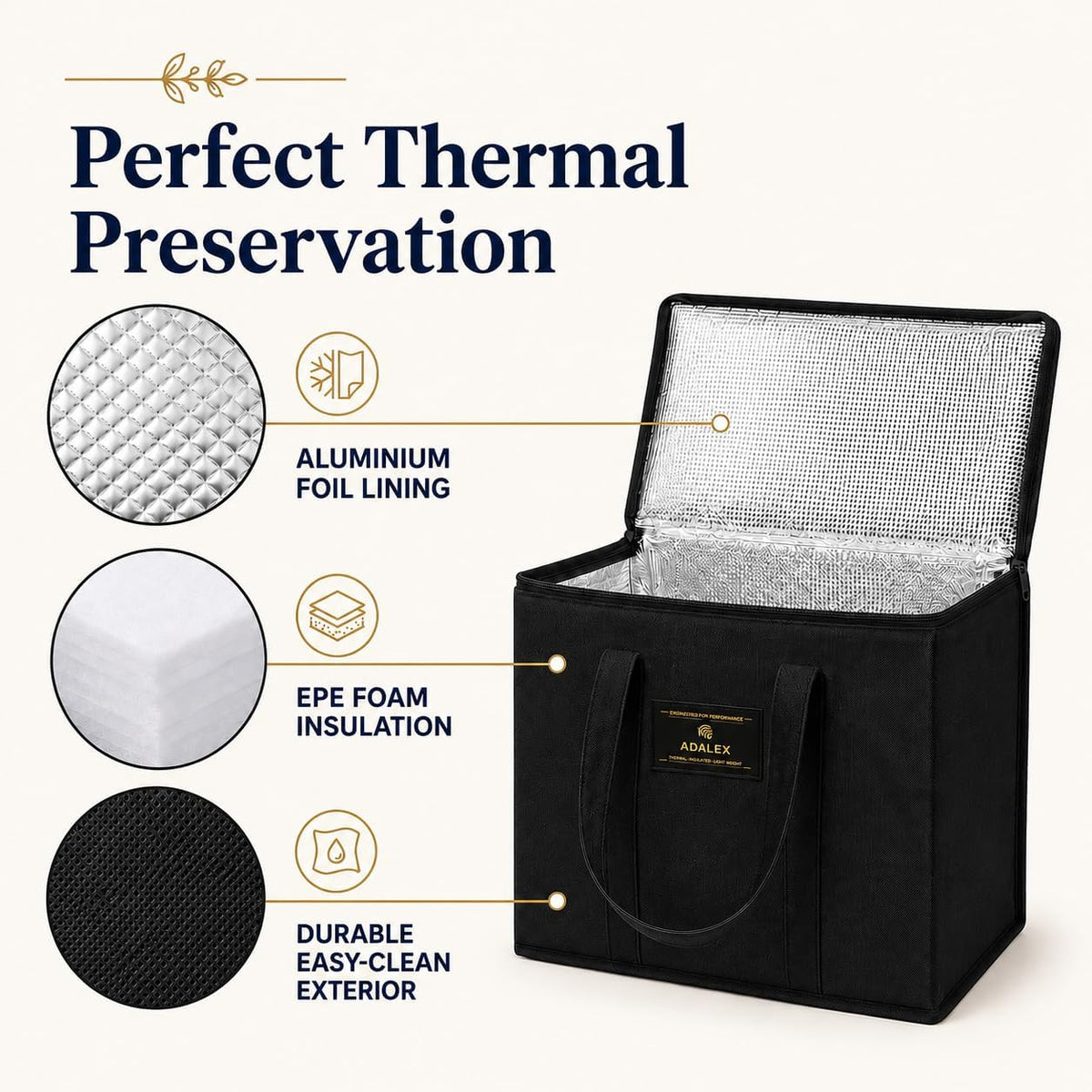 Sac isotherme réutilisable Adalex Global pour courses, cabas avec fermeture éclair pour le transport d'aliments chauds et froids, sac isotherme pour pique-nique et vin, tient debout