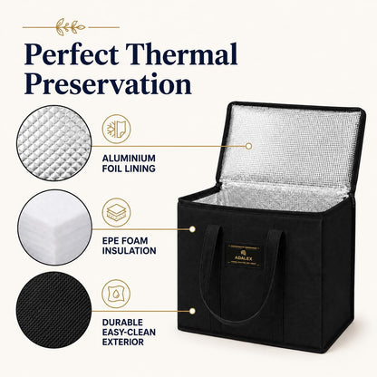 Sac isotherme réutilisable Adalex Global pour courses, cabas avec fermeture éclair pour le transport d'aliments chauds et froids, sac isotherme pour pique-nique et vin, tient debout