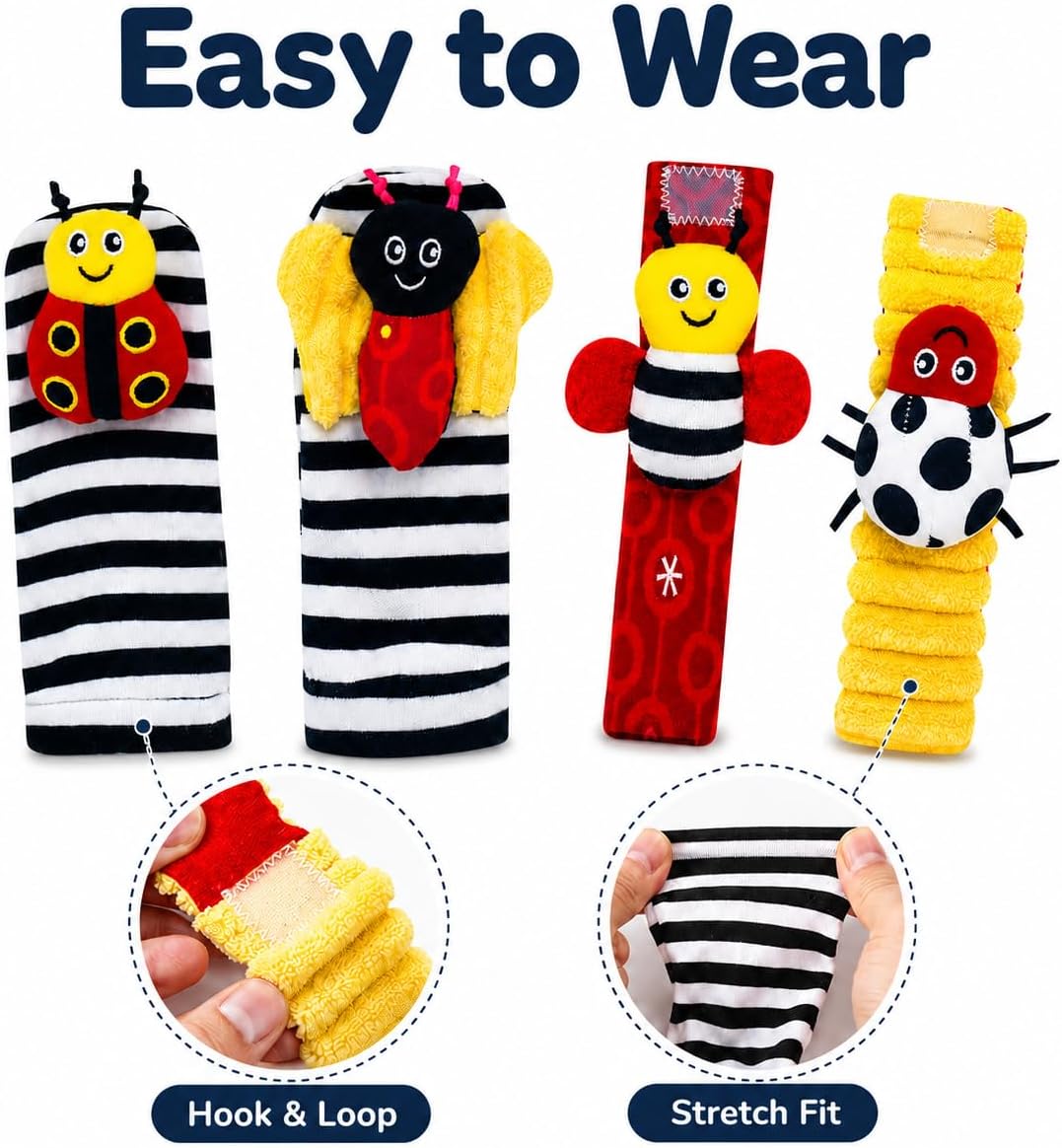 Adalex Global Baby Fußfinder-Rassel für Babys – Sensorisches Babyspielzeug, Socken, Babyrassel, Geschenk für Kleinkinder, Neugeborene, Mädchen, Jungen, Jungen, Mädchen, 0–3, 3–6, 6–9, 9–12 Monate, Spielzeug, 2 Handgelenke &amp; 2 Socken
