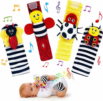 Adalex Global Baby Fußfinder-Rassel für Babys – Sensorisches Babyspielzeug, Socken, Babyrassel, Geschenk für Kleinkinder, Neugeborene, Mädchen, Jungen, Jungen, Mädchen, 0–3, 3–6, 6–9, 9–12 Monate, Spielzeug, 2 Handgelenke &amp; 2 Socken