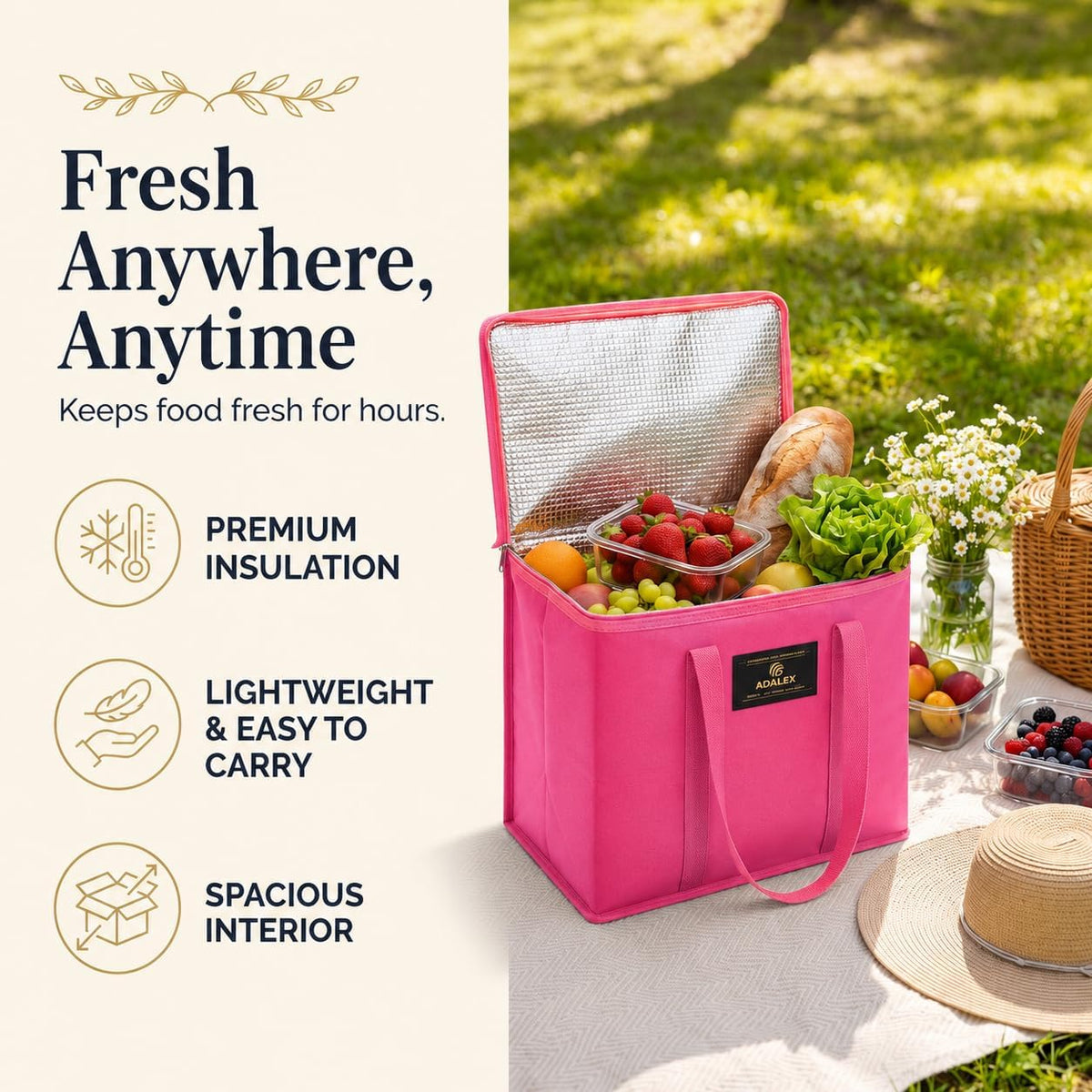 Sac isotherme réutilisable Adalex Global pour courses, cabas avec fermeture éclair pour le transport d'aliments chauds et froids, sac isotherme pour pique-nique et vin, tient debout