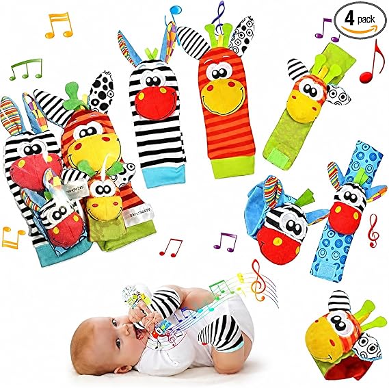 Adalex Global Baby Fußfinder-Rassel für Babys – Sensorisches Babyspielzeug, Socken, Babyrassel, Geschenk für Kleinkinder, Neugeborene, Mädchen, Jungen, Jungen, Mädchen, 0–3, 3–6, 6–9, 9–12 Monate, Spielzeug, 2 Handgelenke &amp; 2 Socken