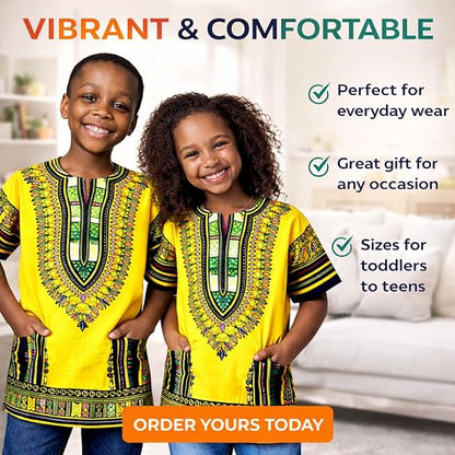 Chemise Dashiki africaine pour enfants Adalex Global, design traditionnel, vêtements authentiques pour enfants, motifs ethniques et imprimés africains, garçon ou fille