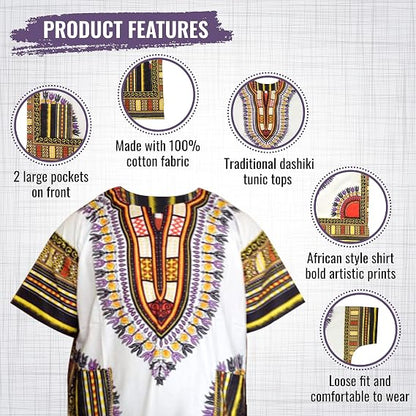 Chemise Dashiki africaine pour enfants Adalex Global, design traditionnel, vêtements authentiques pour enfants, motifs ethniques et imprimés africains, garçon ou fille
