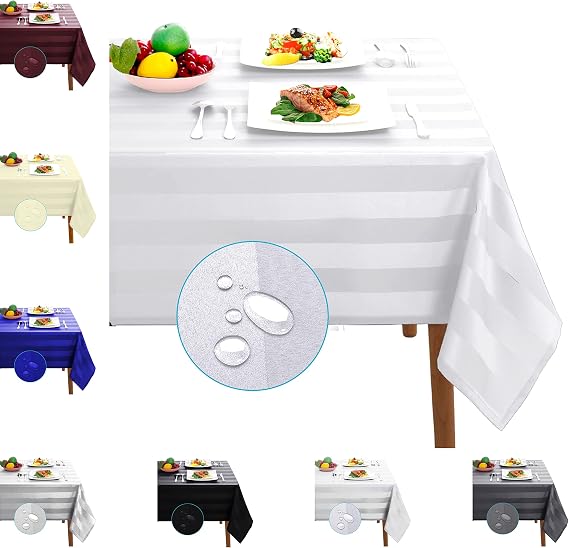 TableCover Waterproof Spillproof Striped Square Rectangle Tablecloth Table Cover Table Cloth (White, 137 x 274 cm (Rectangular))