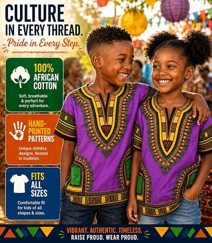 Chemise Dashiki africaine pour enfants Adalex Global, design traditionnel, vêtements authentiques pour enfants, motifs ethniques et imprimés africains, garçon ou fille