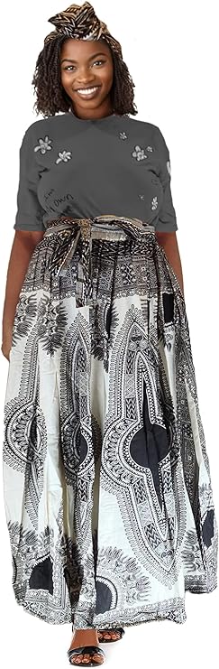 African Print Women’s Maxi Skirt & Head Wrap Set – White/Black Dashiki