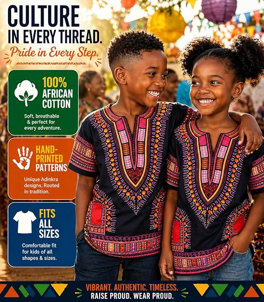 Chemise Dashiki africaine pour enfants Adalex Global, design traditionnel, vêtements authentiques pour enfants, motifs ethniques et imprimés africains, garçon ou fille
