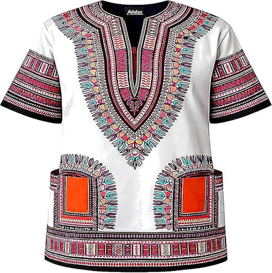 Adalex Global Traditionelles afrikanisches Unisex-Dashiki-Hemd in verschiedenen Farben, ideal für Männer und Frauen, afrikanische Kurzarm-Sommerbekleidung