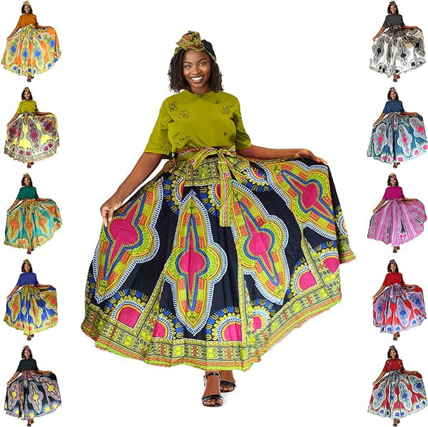 Women’s Traditional Wax Print Long Skirt – Pockets & Head Scarf Set