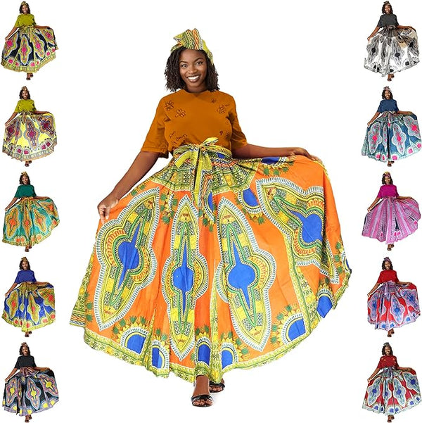 Women’s Traditional Wax Print Long Skirt – Pockets & Head Scarf Set