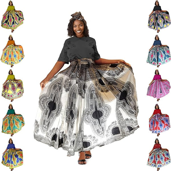 African Print Women’s Maxi Skirt & Head Wrap Set – White/Black Dashiki