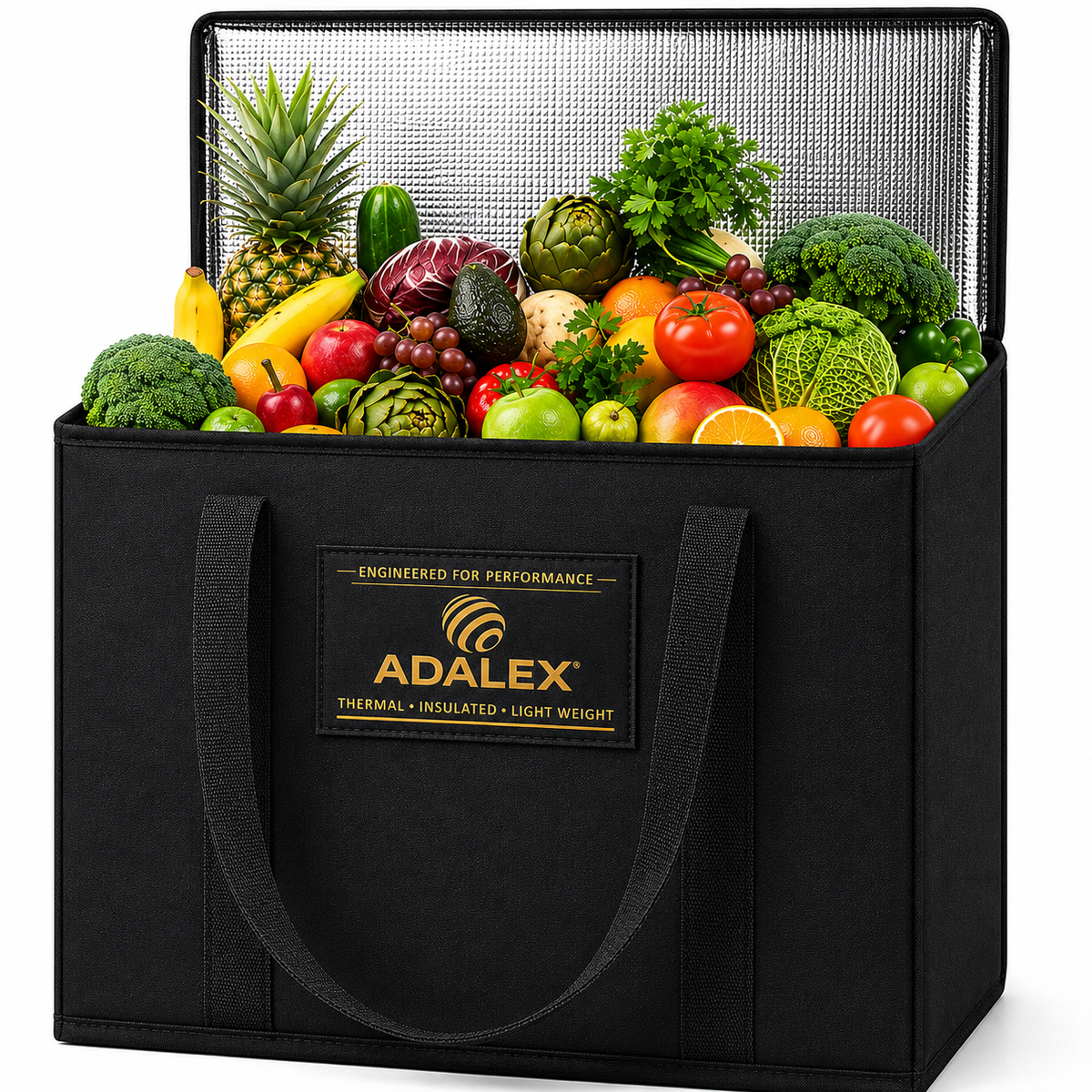 Adalex black insulated cool bag with thermal lining, filled with fresh fruit and vegetables
