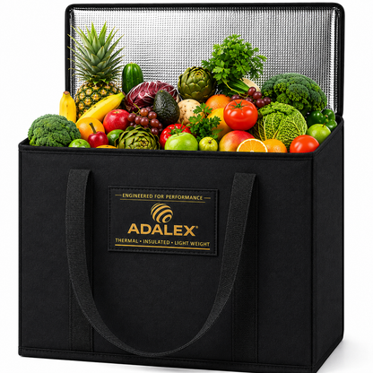 Adalex black insulated cool bag with thermal lining, filled with fresh fruit and vegetables