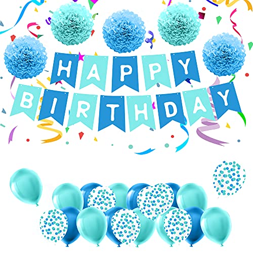 Blue Birthday Party Decor – Balloon Banner & Pom Pom Set