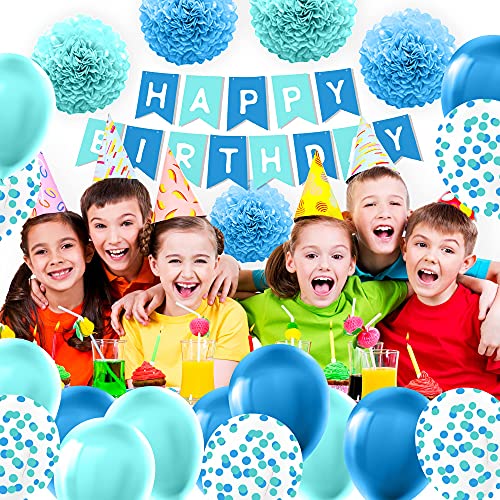 Blue Birthday Party Decor – Balloon Banner & Pom Pom Set